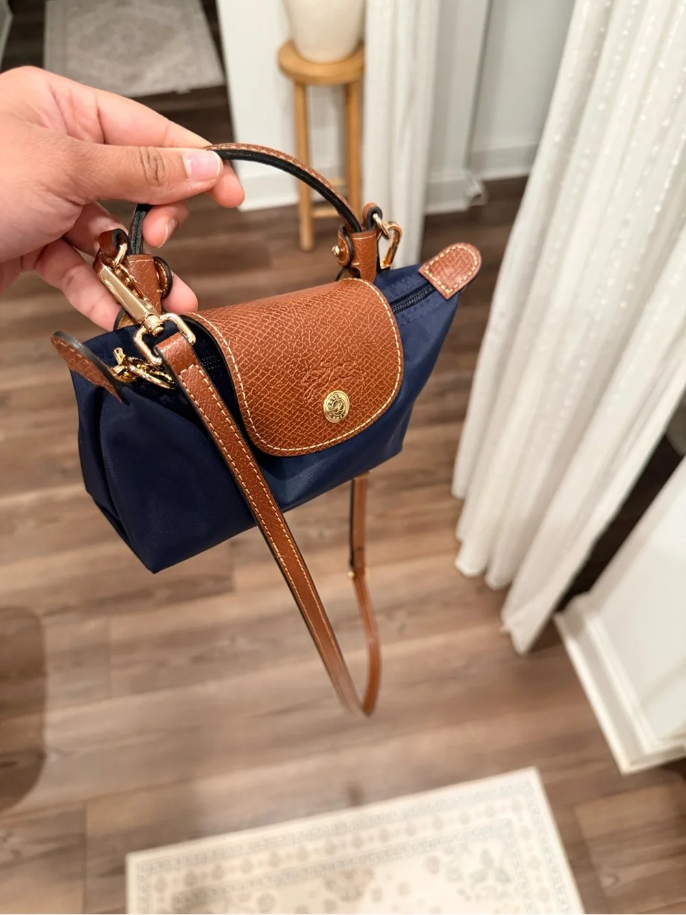 Longchamp Navy and Brown Le Pliage Small Top-Handle Bag (STRAP PROVIDED) - Picture 4 of 4